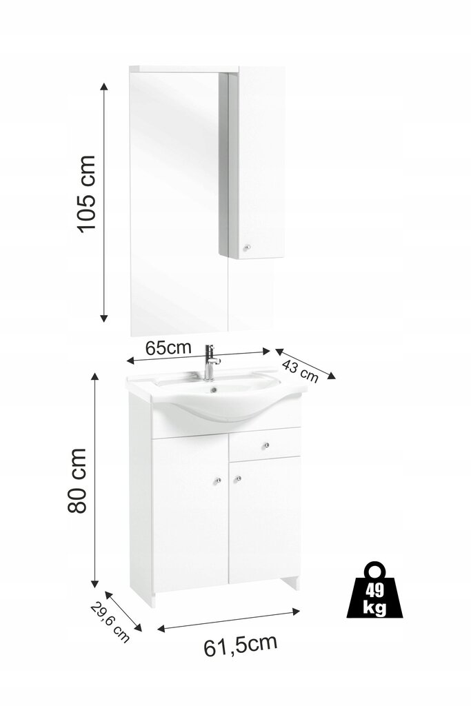Vannitoakapp koos valamu 65 peegli ja valgustusega valge Silves цена и информация | Vannitoakapid | kaup24.ee