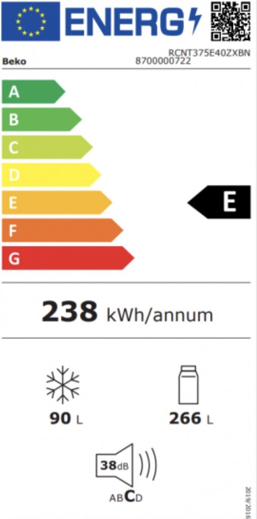 Kombineeritud külmik BEKO RCNT375E40ZXBN Roostevaba teras (185 x 60 cm) hind ja info | Külmkapid | kaup24.ee