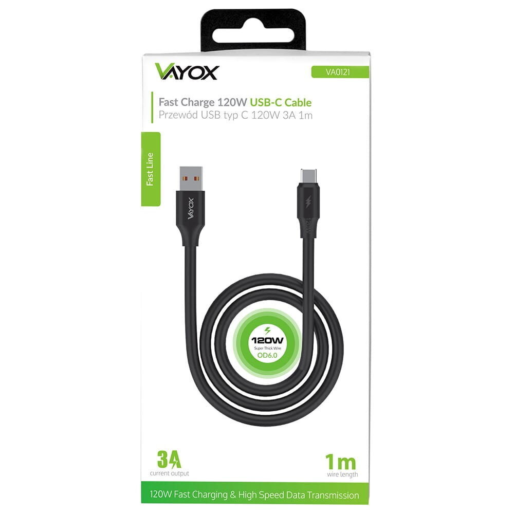 USB - USB-C 120W 3A 1m kiire liin must VA0121 Vayox kaabel цена и информация | Kaablid ja juhtmed | kaup24.ee