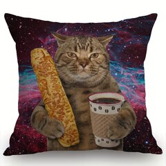 '1tk Funny Galaxy Cat dekoratiivne padjapüür Kassil on käes tass musta kohvi ja baguette.' hind ja info | Dekoratiivpadjad ja padjakatted | kaup24.ee