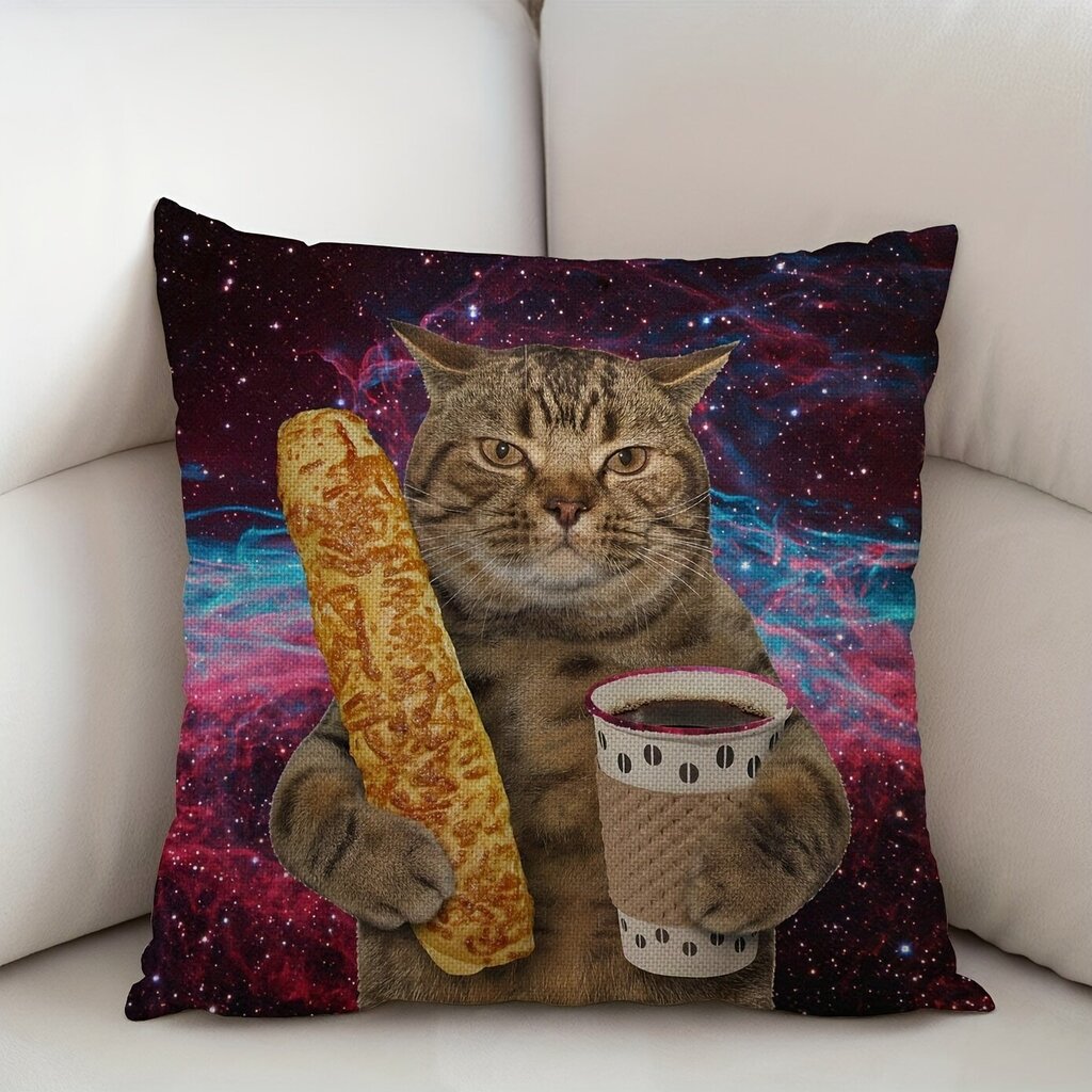 '1tk Funny Galaxy Cat dekoratiivne padjapüür Kassil on käes tass musta kohvi ja baguette.' цена и информация | Dekoratiivpadjad ja padjakatted | kaup24.ee