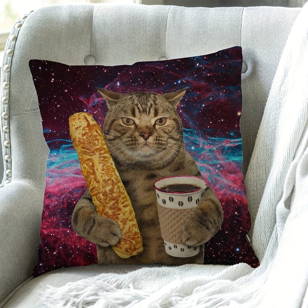 '1tk Funny Galaxy Cat dekoratiivne padjapüür Kassil on käes tass musta kohvi ja baguette.' цена и информация | Dekoratiivpadjad ja padjakatted | kaup24.ee