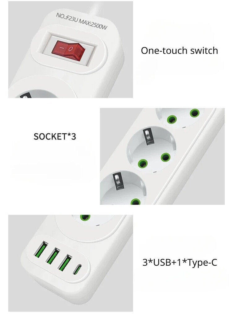 Riff F23U 3 pesa + 3 USB + 1 USB-C / 2 m kaabel ja sisse-/väljalülitusnupp valge цена и информация | Pikendusjuhtmed, kaablid | kaup24.ee