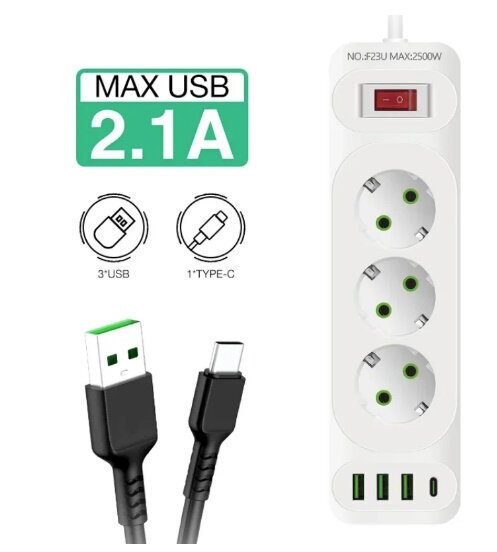 Riff F23U 3 pesa + 3 USB + 1 USB-C / 2 m kaabel ja sisse-/väljalülitusnupp valge цена и информация | Pikendusjuhtmed, kaablid | kaup24.ee