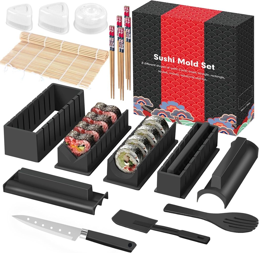 SKYSER sushi valmistamise komplekt, 20-osaline, saab kasutada sushitaldrikuna koos riisirullivormidega, kahvel, nuga, rullimisalus, söögipulgad, kokkupandud (must) цена и информация | Köögitarbed | kaup24.ee