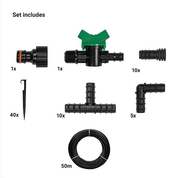 Kastmissüsteemi komplekt Drip System Set koos tarvikutega 1/2'', 50 m hind ja info | Kastekannud, voolikud, niisutus | kaup24.ee