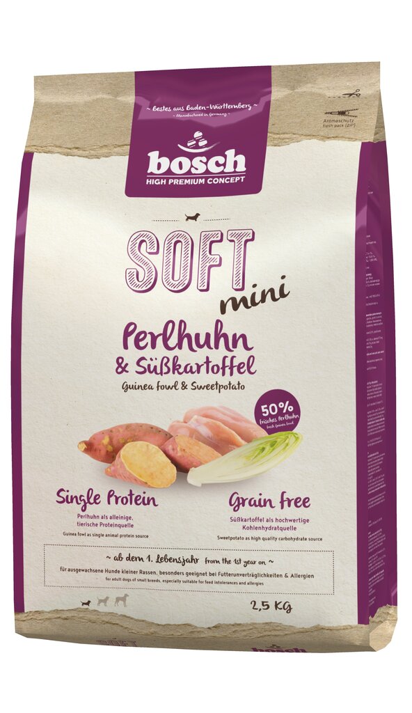 Koeratoit Bosch Pet Food Plus SOFT MINI Guinea Fowl & Sweetpotato 2,5kg цена и информация | Kuivtoit koertele | kaup24.ee