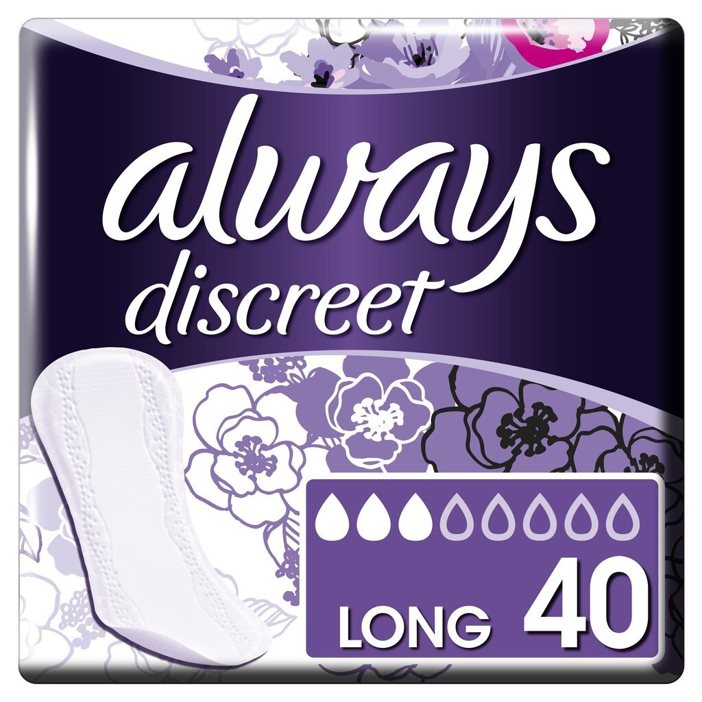 Pesukaitsmed ALWAYS DISCREET Long, kerge kusepidamatuse korral, 40 tk. hind ja info | Tampoonid, hügieenisidemed, menstruaalanumad | kaup24.ee