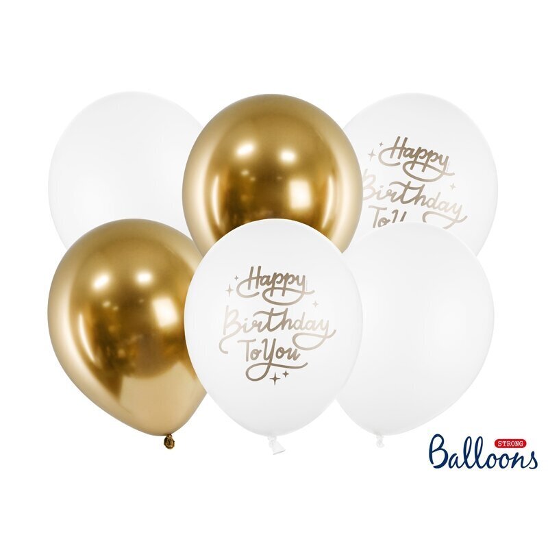 Sünnipäeva õhupallid Happy Birthday To You kuldne valge 30cm 6tk. hind ja info | Peokaunistused | kaup24.ee