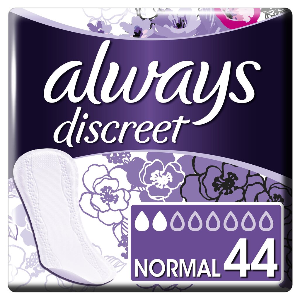 Pesukaitsmed ALWAYS DISCREET Normal, kerge kusepidamatuse korral, 44 tk. hind ja info | Tampoonid, hügieenisidemed, menstruaalanumad | kaup24.ee