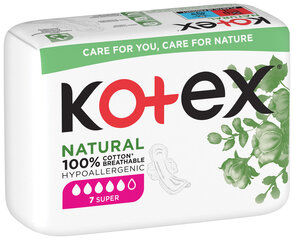 Гигиенические пакеты Kotex Natural Super, 10x7 шт. цена и информация | Тампоны, гигиенические прокладки для критических дней, ежедневные прокладки | kaup24.ee