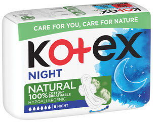 Гигиенические пакеты Kotex Natural Night, 10 x 6 шт. цена и информация | Тампоны, гигиенические прокладки для критических дней, ежедневные прокладки | kaup24.ee