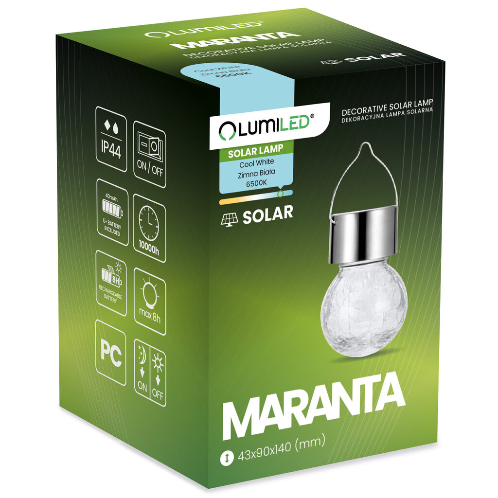 MARANTA IP44 6500K LUMILED päikesepaneeliga LED aia klaasist ripplamp hind ja info | Aia- ja õuevalgustid | kaup24.ee