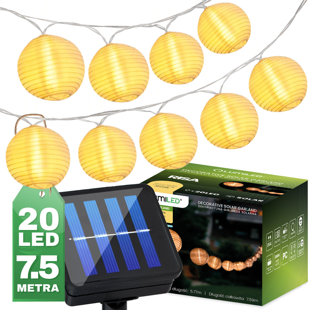 Solar Garden Garland 20x LED dekoratiivsed laternad 7.59m soe 3000K RISA LUMILED цена и информация | Aia- ja õuevalgustid | kaup24.ee