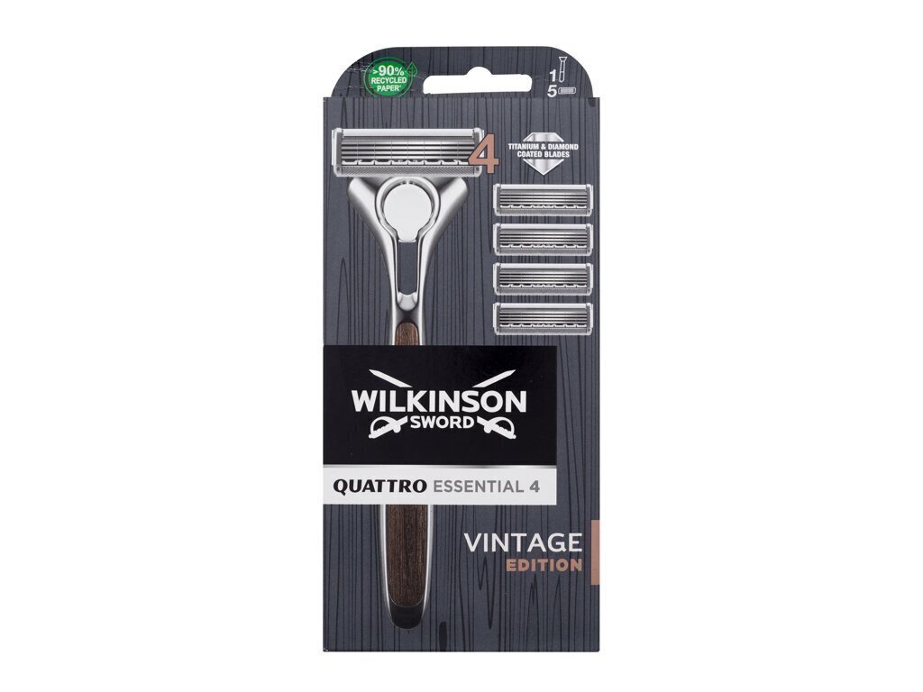 Wilkinson Sword Quattro Essentials 4 Vintage komplekt meestele: 1 pardel + 4 vahetatavat tera. цена и информация | Raseerimisvahendid | kaup24.ee