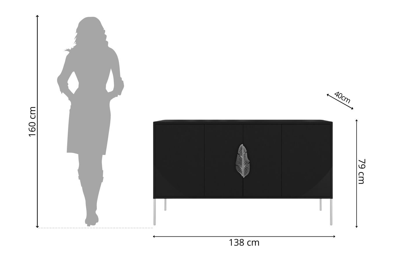 Kummut Skandica MERLIN, 138 cm, must, hõbedaste detailidega цена и информация | Kummutid | kaup24.ee