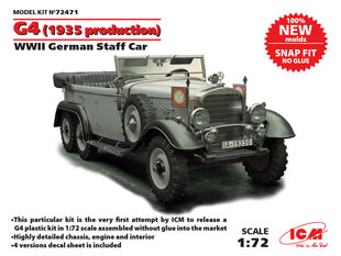Сборная модель ICM 72471 G4 (1935 production), WWII German Staff Car, snap fit/no glue 1/72 цена и информация | Склеиваемые модели | kaup24.ee