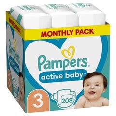 Подгузники PAMPERS Active Baby-Dry, Monthly Pack, 3 размер, 6-10кг, 208 шт. цена и информация | Пеленки | kaup24.ee