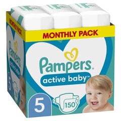 Подгузники PAMPERS Active Baby-Dry, Monthly Pack, 5 размер, 11-16кг, 150 шт. цена и информация | Подгузники | kaup24.ee