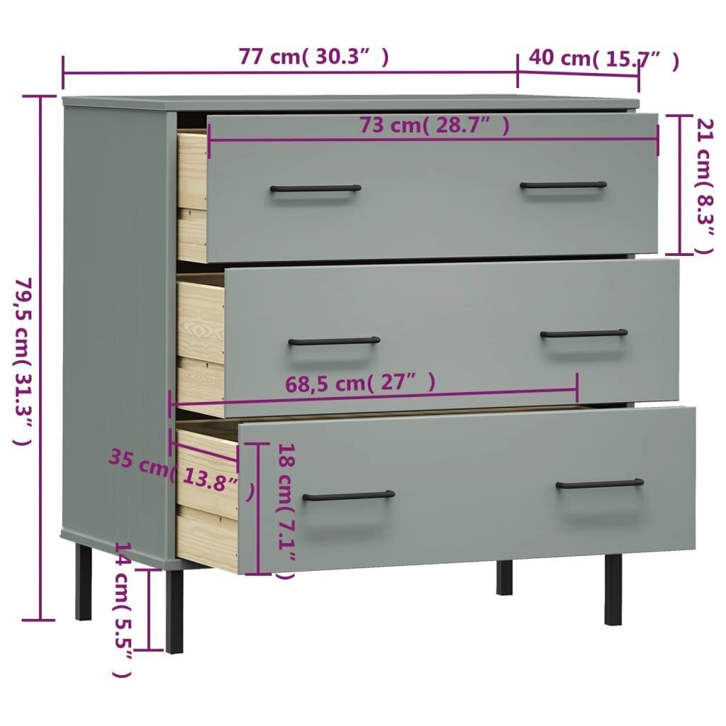 3 sahtliga puhvetkapp, hall, 77x40x79,5 cm täispuidust, "OSLO" цена и информация | Elutoa väikesed kapid | kaup24.ee