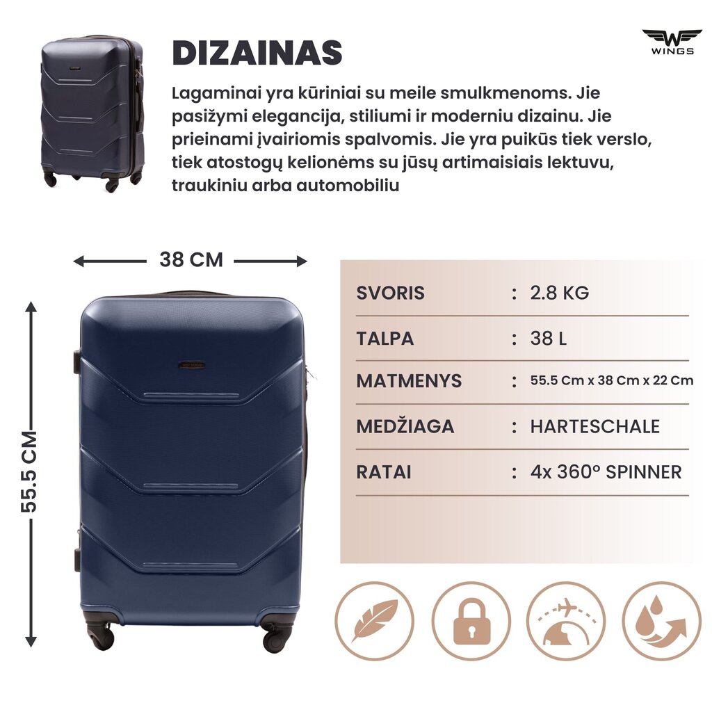 Väike kohver Wings Peacock, S, tumesinine hind ja info | Kohvrid, reisikotid | kaup24.ee