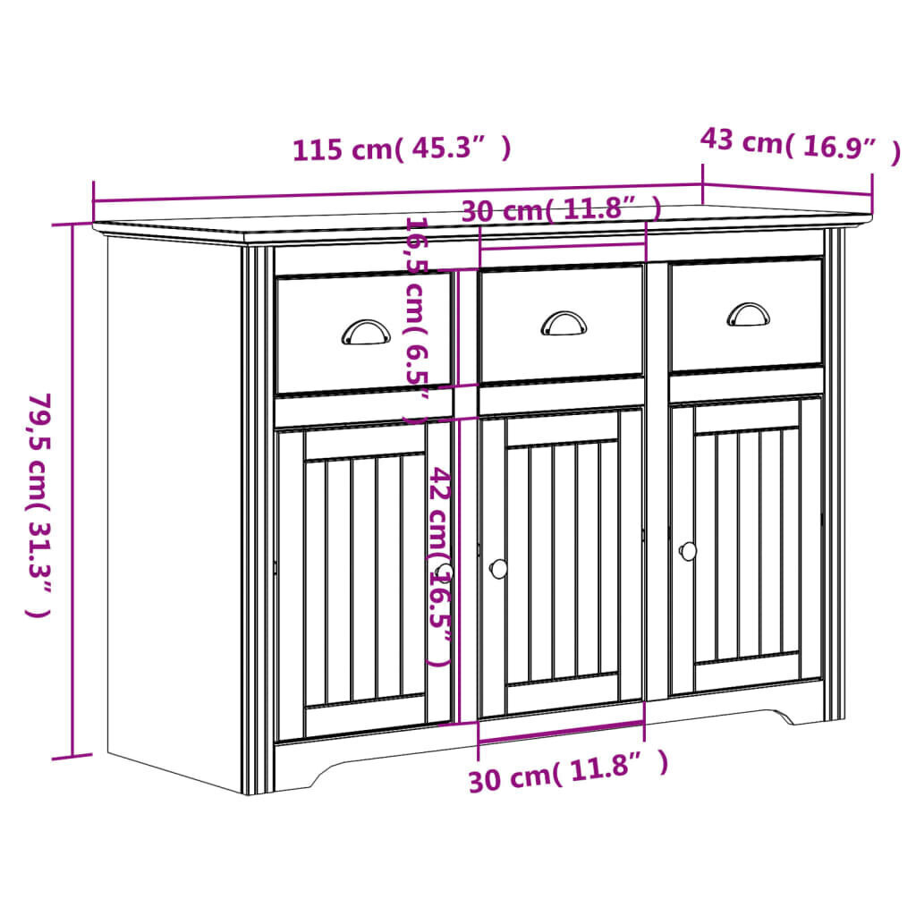 puhvetkapp "BODO", valge ja pruun, 115x43x79,5 cm, männipuit hind ja info | Elutoa väikesed kapid | kaup24.ee