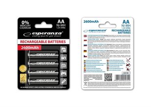 Аккумуляторная батарея Esperanza EZA106 Ni-MH AA 2600MAH x 4 цена и информация | Батарейки | kaup24.ee