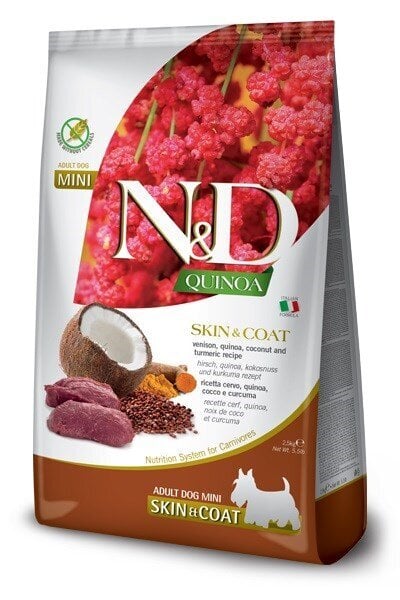 Farmina N&D Quinoa Dog Skin&Coat Adult Mini hirveliha ja kookosega, 2,5 kg цена и информация | Kuivtoit koertele | kaup24.ee