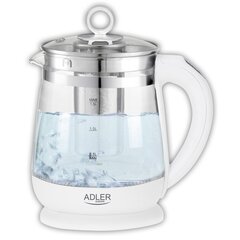 Чайник Adler Kettle AD 1299 Electric, 2200 Вт, 1.5 л, стекло/нержавеющая сталь, вращающееся основание на 360°, белый цена и информация | Электрочайники | kaup24.ee