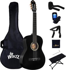 Winzz Concert Guitar 4/4 взрослые, классический набор для начинающих гитары для детей от 11+ лет - Black Glossy (39 дюймов) цена и информация | Гитары | kaup24.ee