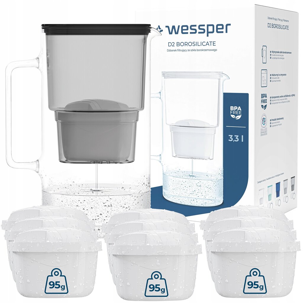 Wessper aquamax klaasist filterkannu 3.3l + 10x Wessper aquamax filter цена и информация | Filterkannud ja filtrid | kaup24.ee