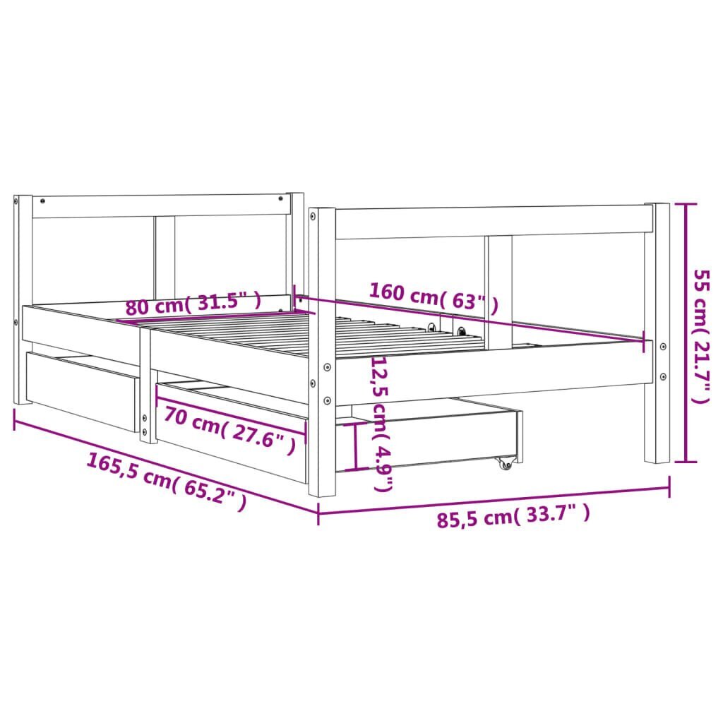 Lastevoodi raam sahtlitega , valge, 80 x 160 cm hind ja info | Lastevoodid | kaup24.ee