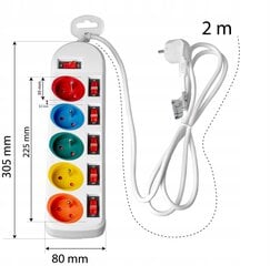 Pikenduskaabel 2M 5GN+0 10A valge / värvilised pistikupesad VA0257 Vayox hind ja info | Pikendusjuhtmed, kaablid | kaup24.ee