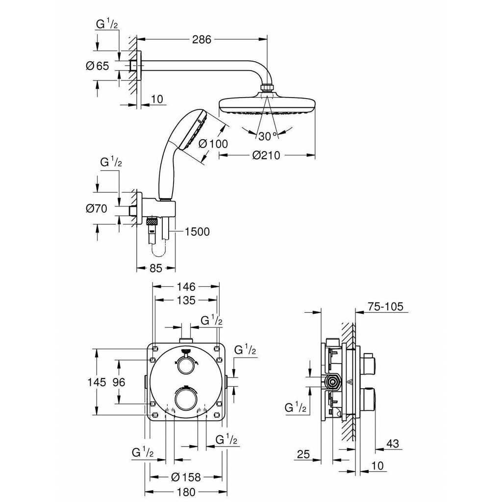 Termostaadiga dušikomplekt Grohe Grohtherm 1000GRT Tempesta 210, 34727000 hind ja info | Komplektid ja dušipaneelid | kaup24.ee