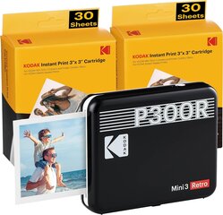 Kodak P300 Mini 3 retro, mobiiltelefoni fotoprinter, ühildub nutitelefoniga (iOS & Android), Bluetooth, 76x76 mm, 4Pass tehnoloogia, lamineerimine, 68 leht, must must hind ja info | Printerid | kaup24.ee