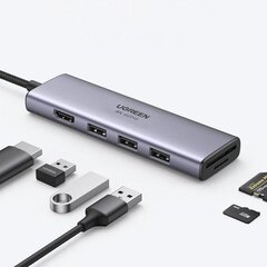 Multifunktsionaalne HUB kaardilugeja, 6in1, Ugreen, -3x USB HDMI 4K SD USB-C, hall hind ja info | USB jagajad, adapterid | kaup24.ee