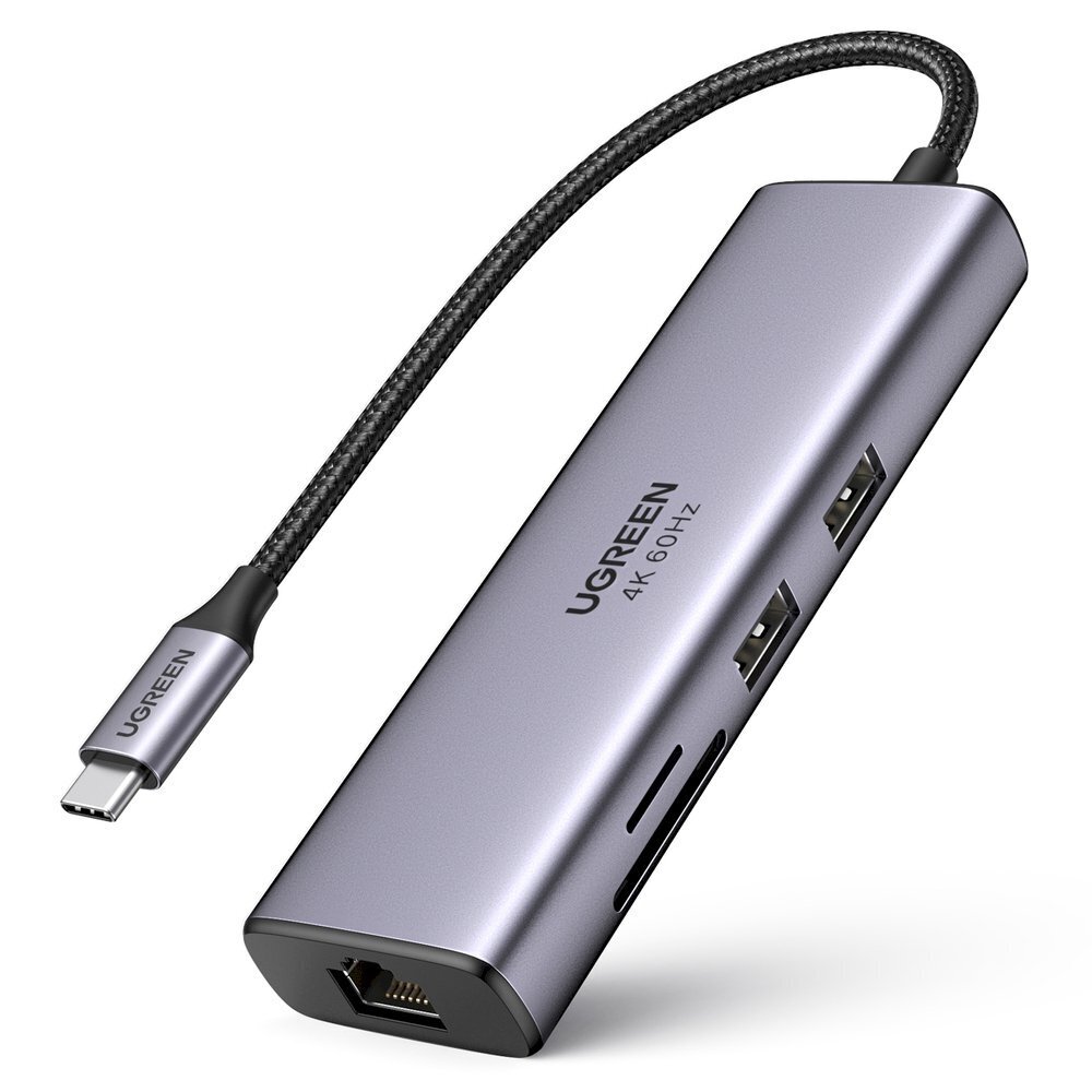 Multifunktsionaalne HUB kaardilugeja, 7in1, Ugreen,- 2x USB HDMI 4K SD ja TF USB-C RJ45, USB-C, hall hind ja info | USB jagajad, adapterid | kaup24.ee