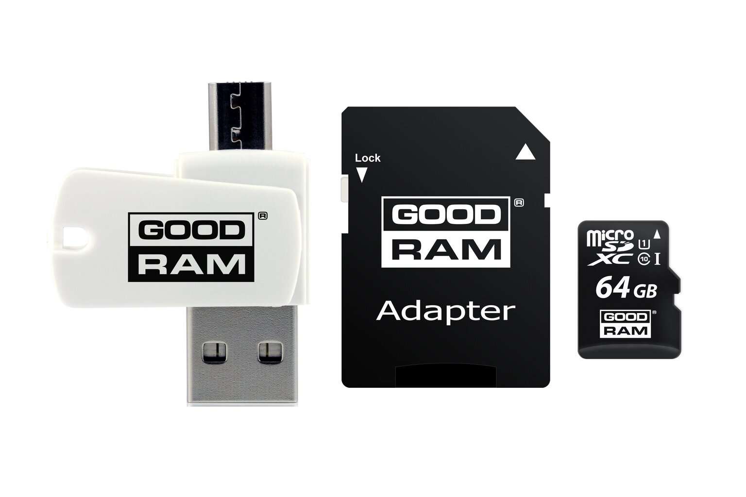 Mälukaart GoodRam microSDHC 64 GB CL10 + adapter + kaardilugeja цена и информация | Mobiiltelefonide mälukaardid | kaup24.ee