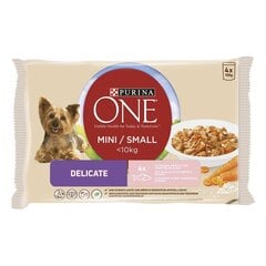 PURINA ONE мокрый корм для собак до 10 кг с лососем, рисом и морковью в соусе 4 пакетика по 100 грамм цена и информация | Консервы для собак | kaup24.ee