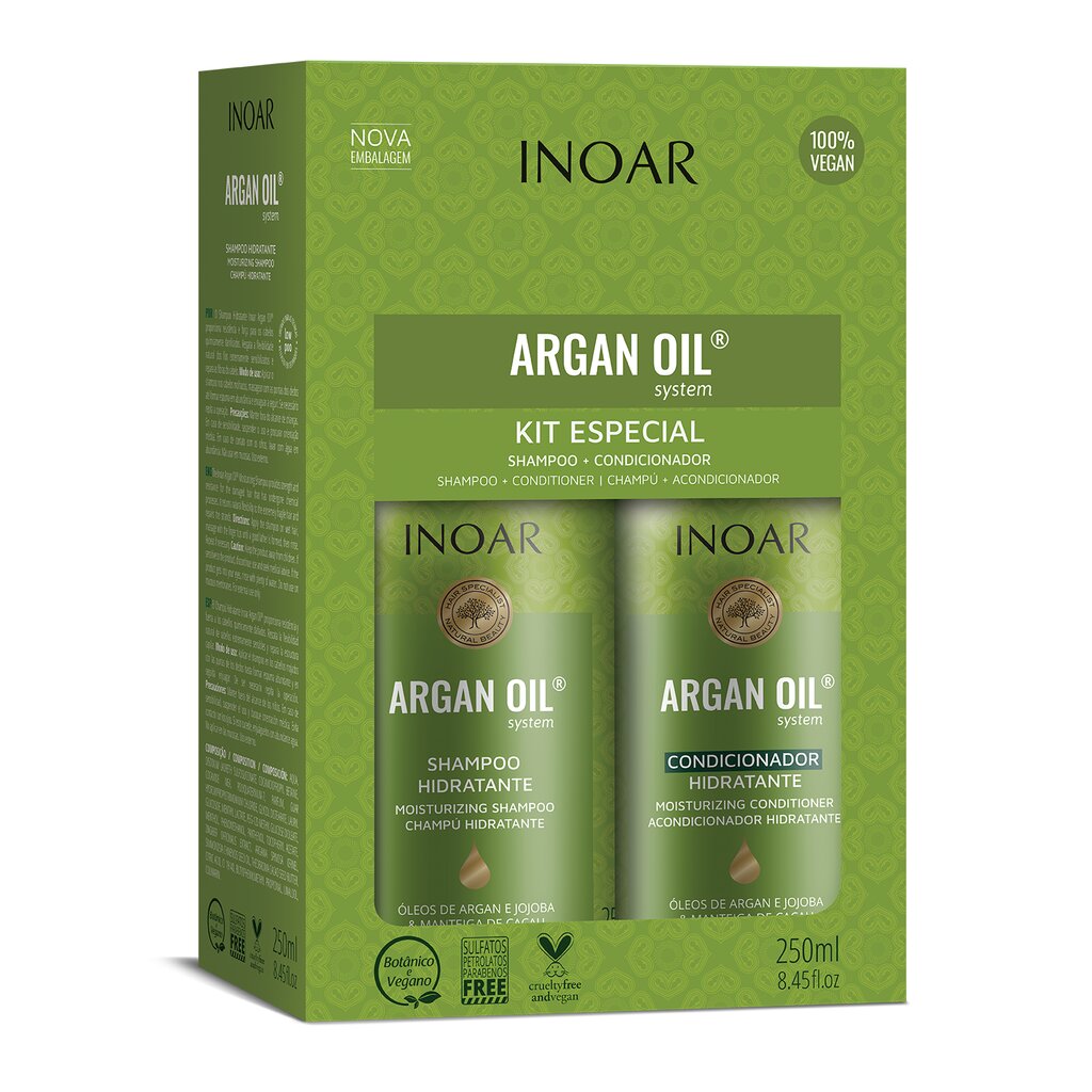 Niisutav juuksehooldustoodete komplekt argaaniaõliga INOAR Argan Duo Kit: šampoon 250 ml + palsam 250 ml цена и информация | Šampoonid | kaup24.ee