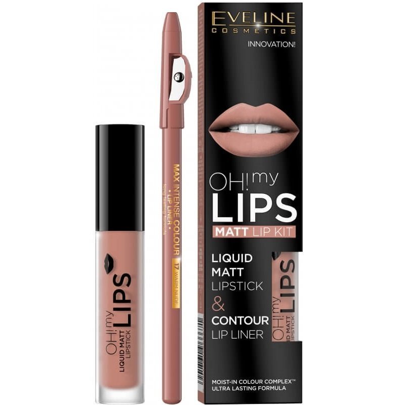 Komplekt Eveline Oh My Lips Liquid Matt 01 Neutral Nude: huulepulk 4.5 ml + huule kontuurpliiats 1 tk hind ja info | Huulepulgad, -läiked, -palsamid, vaseliin | kaup24.ee