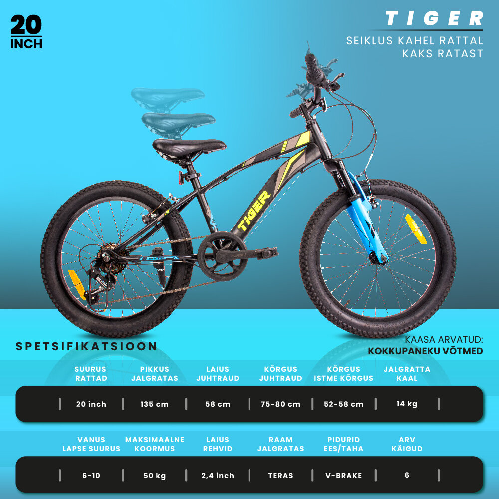 20-tolline poiste kerge MTB jalgratas Shimano 6 käiguga Tiger Bike цена и информация | Jalgrattad | kaup24.ee