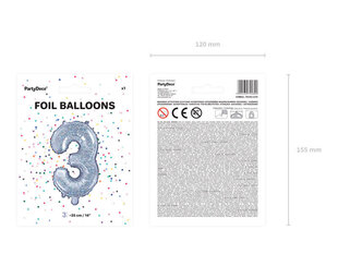 Фолиевый шарик цифра «3», 35 см, серебряный  цена и информация | Шарики | kaup24.ee