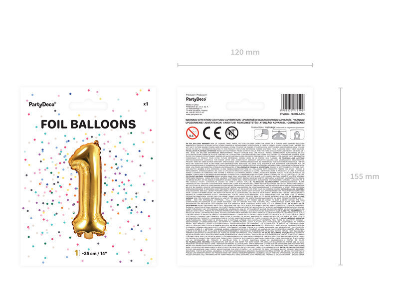 Fooliumist õhupall Number "1", 35 cm, kuldne, 50 tk. hind ja info | Õhupallid | kaup24.ee