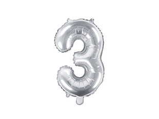 Fooliumist õhupall Number "3", 35 cm, hõbedane, 50 tk. hind ja info | Õhupallid | kaup24.ee