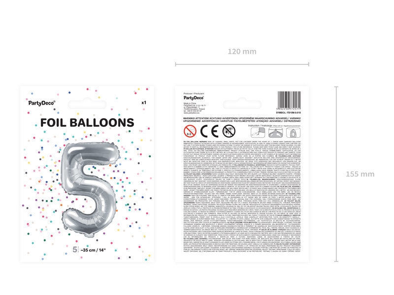 PartyDeco fooliumist õhupall, number 5, 35 cm hind ja info | Õhupallid | kaup24.ee