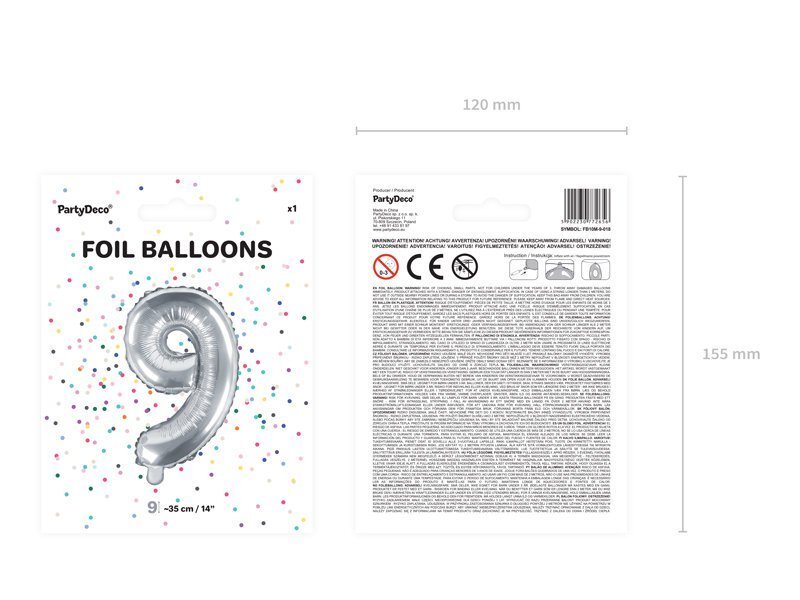 Fooliumist õhupall Number "9", 35 cm, hõbedane, 50 tk. hind ja info | Õhupallid | kaup24.ee
