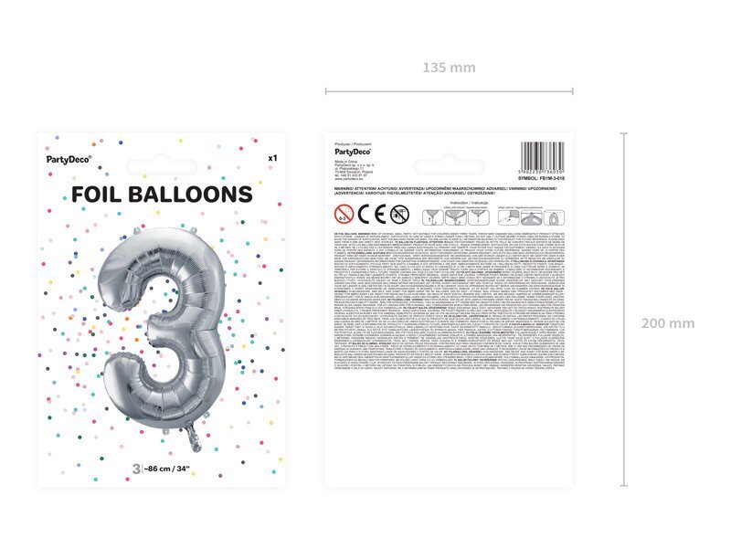 Fooliumist õhupall Number "3", 86 cm, hõbedane, 50 tk. hind ja info | Õhupallid | kaup24.ee