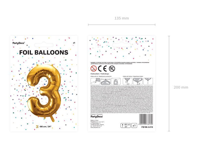 Fooliumist õhupall Number "3", 86 cm, kuldne цена и информация | Õhupallid | kaup24.ee