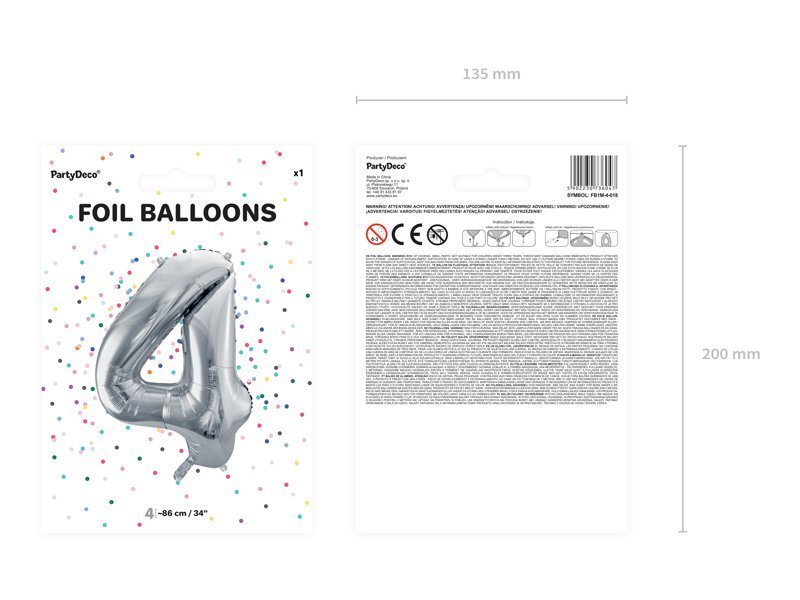 Fooliumist õhupall Number "4", 86 cm, hõbedane цена и информация | Õhupallid | kaup24.ee